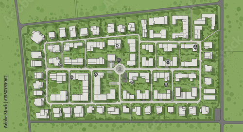 Modern Urban Planning Map Illustration of a Residential District with POI Icons
