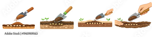 The process vector covers the seeds with a thin layer of soil using a small shovel. Vector, flat, illustration, minimalist, icon, icon set