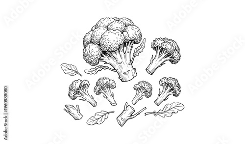 Black and white broccoli sketch showing detailed composition and structure