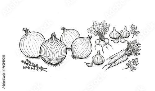 Black and white illustration of onions, radishes, carrots, and herbs