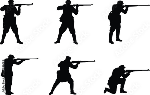 Six Silhouettes of Soldiers with Rifles in Different Poses on a White Background military army