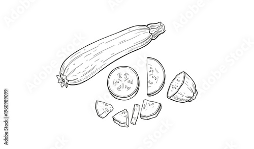 Hand-drawn zucchini and sliced pieces on white background