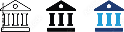 Minimalist bank building icons set, classic courthouse and government institution symbols, flat vector finance and law architecture graphics