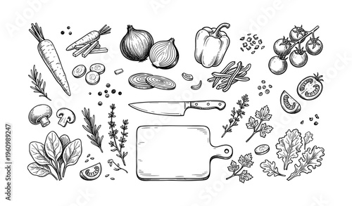 Hand-drawn vegetables and herbs with cutting board and knife