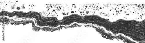 Abstract dark gray wavy lines and scattered dark circles on white background