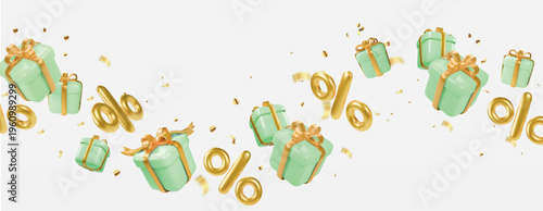 3d gold signs percent discount and green gift boxes flying. spring sale banner. April may colors isolated promo poster Vector illustration.