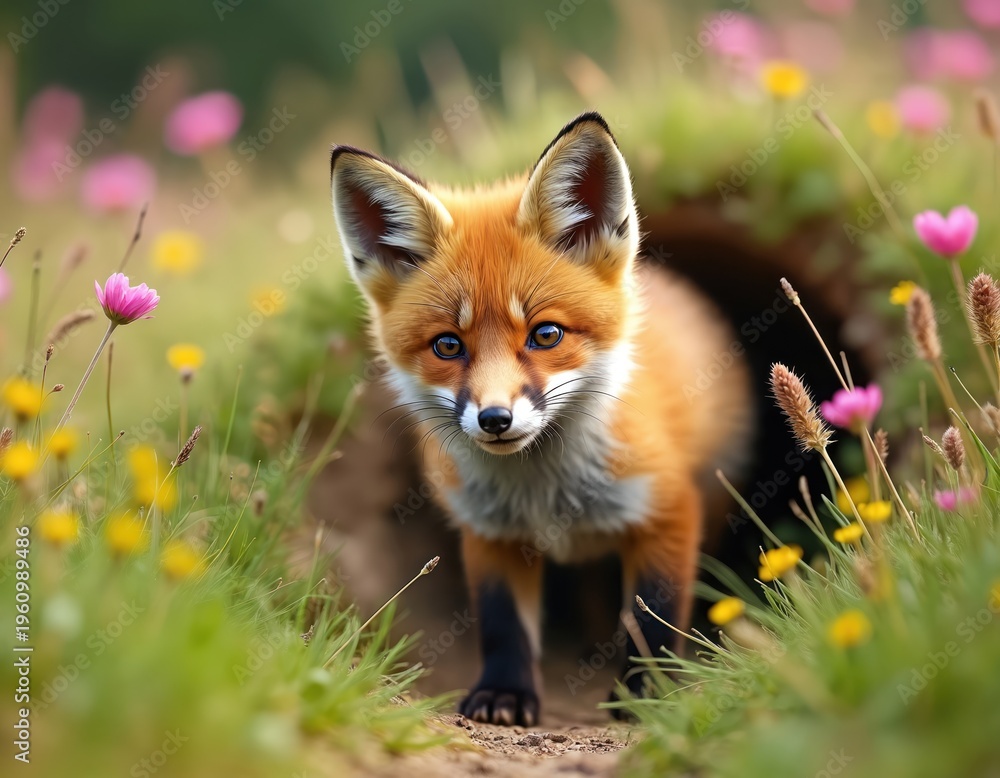 Naklejka premium Small fox kit with bright eyes peeks from den in green meadow with colorful flowers. Young wild animal explores its natural habitat during daylight, showing curiosity.