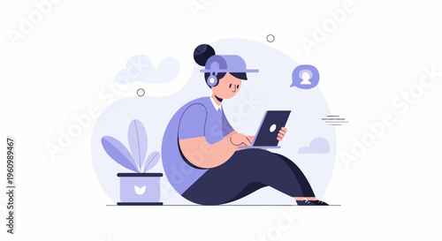 Modern minimalist illustration of person with headphones and laptop, near plant