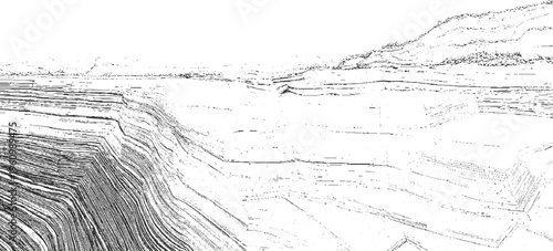 Stark black and white representation of layered geological strata and eroded cliff faces abstract monochrome