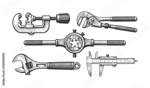 Vintage black and white illustration of industrial hand tools collection