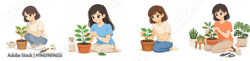 Vector of a woman taking care of plants by cleaning leaves or tidying stems. Vector, flat, illustration, minimalist, icon, icon set