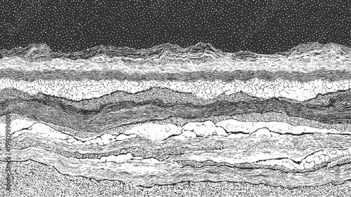 Black and white cross section of layered geological strata with starry sky background geology layers