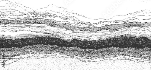 Detailed black and white cross section of geological strata with varied textures and patterns abstract