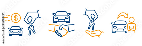 car rental icon, carsharing, icon set of give key in hand, auto sale or rent, dealer landlord, user car, linear vectors on white