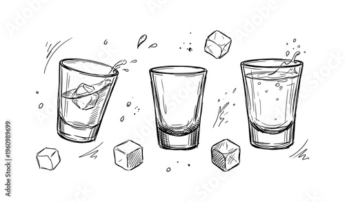 Hand-drawn sketch of three empty glasses with ice cubes and splash effects