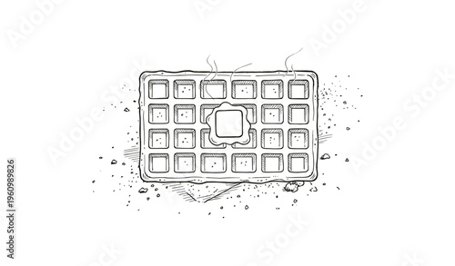 Hand-drawn waffle illustration with butter and crumbs