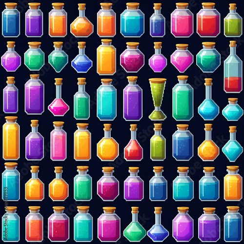 Pixel art magic bottles, potions, alchemy flasks and fantasy elixirs in different colours and forms. Vector illustration. 8bit old game style. Each square is 10x10 px in size