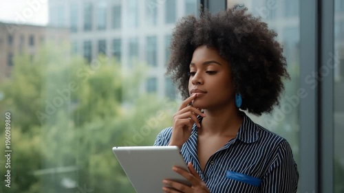 Young Black woman with afro hair thoughtfully looking down holding a tablet near a window image photo