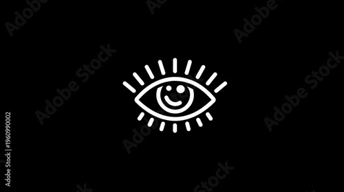 Stylized minimalist eye icon with a smiling pupil and radiating lines on a black background, representing vision and positive perception