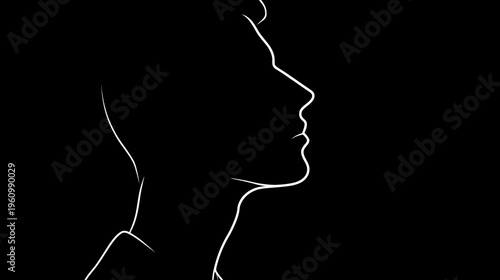 Elegant minimalist white line art profile of a contemplative man on a black background, expressing thought and introspection.