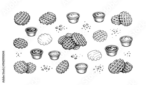 Hand-drawn waffles with syrup and crumbs pattern on white background