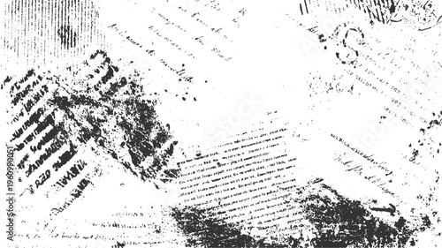 Distressed black and white textured collage of overlapping vintage handwritten and printed text fragments