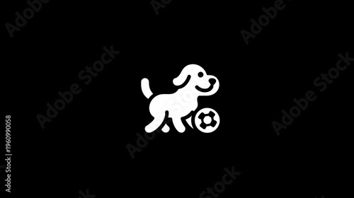 Happy playful dog icon with a ball. Simple white vector illustration of a domestic pet playing. Cute animal graphic.
