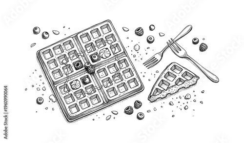 Illustrated belgian waffles with berries and forks on white background