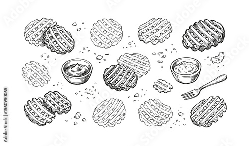 Hand-drawn waffle fry pattern with dips and fork on white background