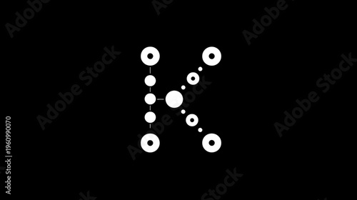 Abstract letter K made of white connected dots and circles on a black background, representing technology, network, and data.