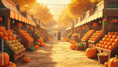 Autumn Market Scene with Pumpkins and Gourds in Fall Colors