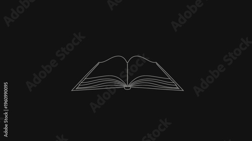 Minimalist Line Art Open Book Illustration on Black Background, Symbolizing Education, Knowledge, Reading, and Learning