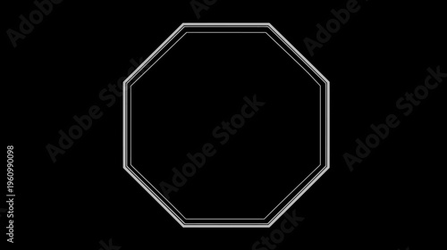 Metallic Silver Octagon Frame on Black Background, Geometric Shape Border, Modern Empty Design Element for Text or Logo
