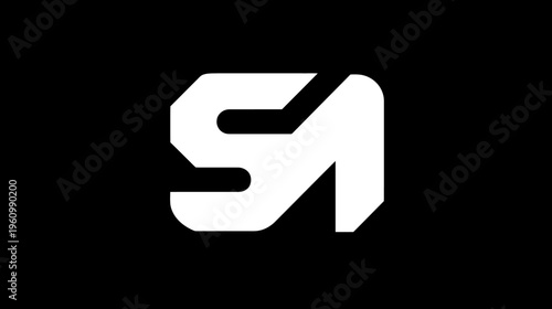 Modern geometric white abstract symbol on black background, possibly stylized letters S and A, sleek tech design concept