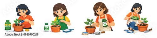 Vector of a woman adding fertilizer to plants. Vector, flat, illustration, minimalist, icon, icon set
