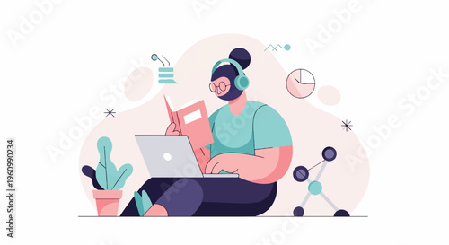 Person with headphones reads book on laptop surrounded by abstract shapes