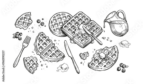 Hand-drawn waffles with cutlery butter and blueberries on white background