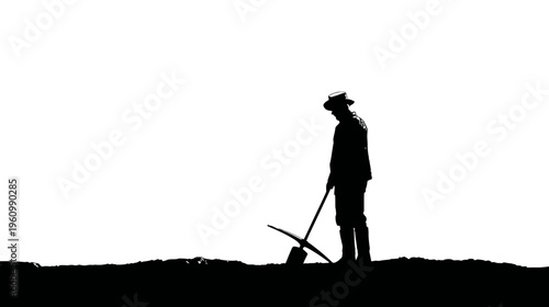 Silhouette of a diligent person digging soil with a tool, symbolizing hard work, agriculture, and rural life in a minimalist style.