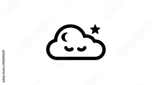 Cute sleeping cloud vector icon with a crescent moon and star, representing sweet dreams, relaxation, and bedtime.