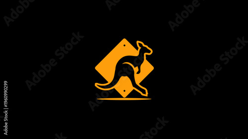 Stylized orange kangaroo jumping silhouette warning sign on black background. Wildlife crossing icon for travel and road safety.