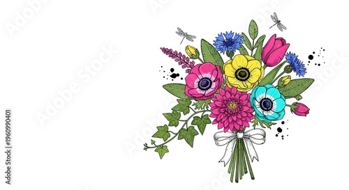 Colorful floral bouquet illustration with various blooms and foliage details