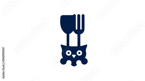 Abstract Owl Creature Icon with Spatula and Fork, Featuring Tentacles - Creative Culinary Food Graphic Design Concept
