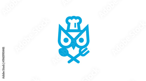 Cute Blue Owl Chef Logo with Spoon and Fork. Modern Culinary Mascot Icon for Food Service and Restaurant Design