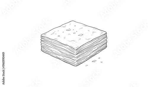 Hand-drawn stack of crackers on white background with crumbs
