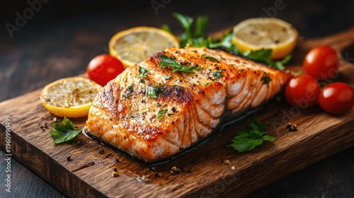 Grilled salmon fillet with lemon and tomatoes on wooden board, dark background, healthy food recipe