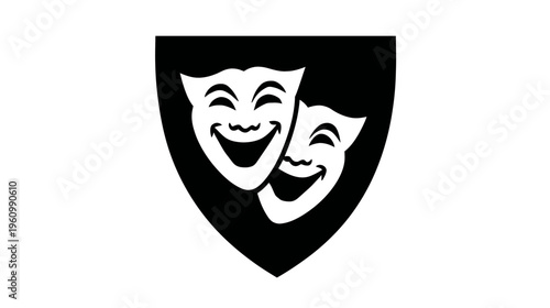 Black and white icon of two happy theatrical comedy masks in a shield. Symbol for theater, performance, and entertainment.