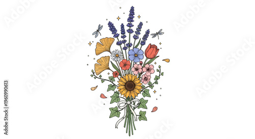 Colorful floral bouquet illustration with various flowers and foliage elements