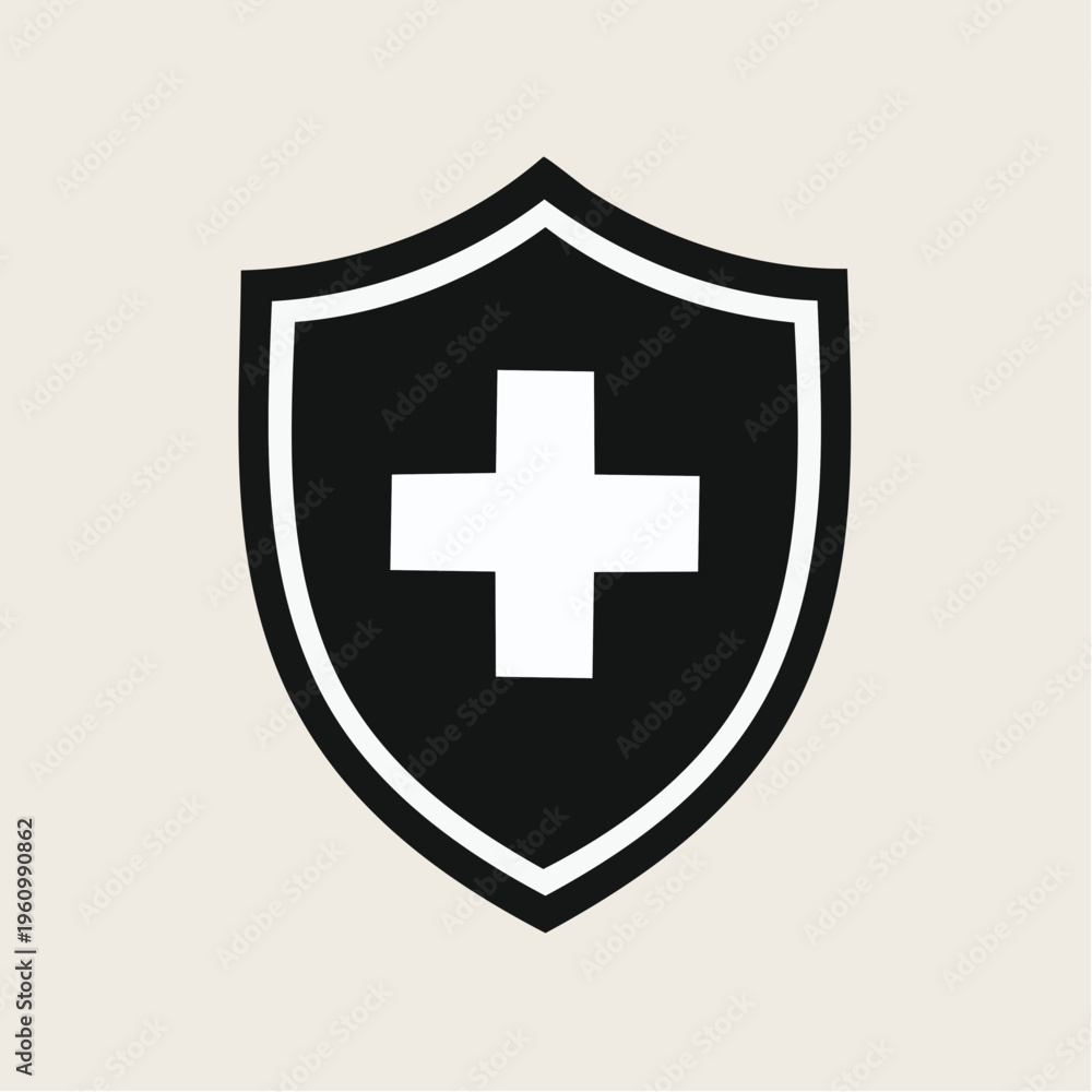 Fototapeta premium A monochrome graphic icon depicting a shield with a bold white cross, symbolizing healthcare protection, medical safety, and general well-being for digital and print applications