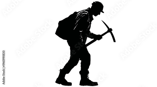 Silhouette of a worker with a pickaxe and backpack, representing mining, prospecting, hard labor, exploration, and resource extraction.