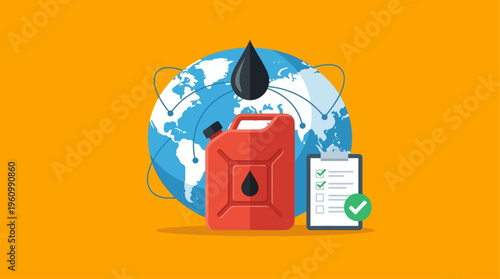 Flat vector illustration of global oil industry concept, red fuel container with black oil drop symbol